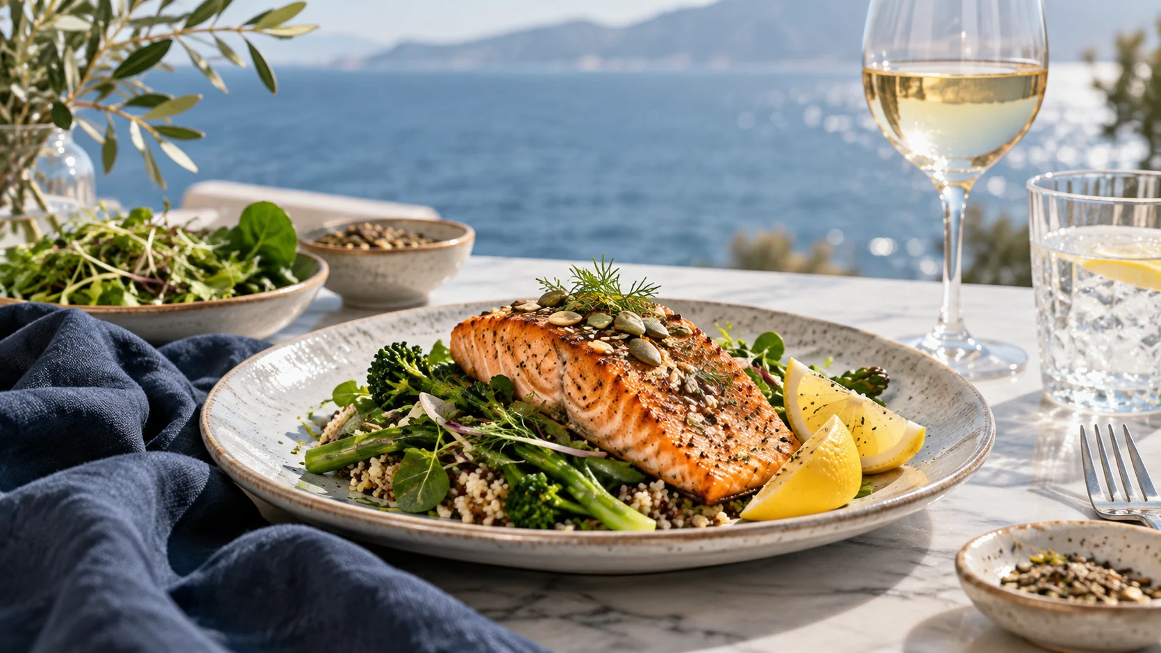 Colourful balanced bowl with salmon, avocado, greens, berries and seeds