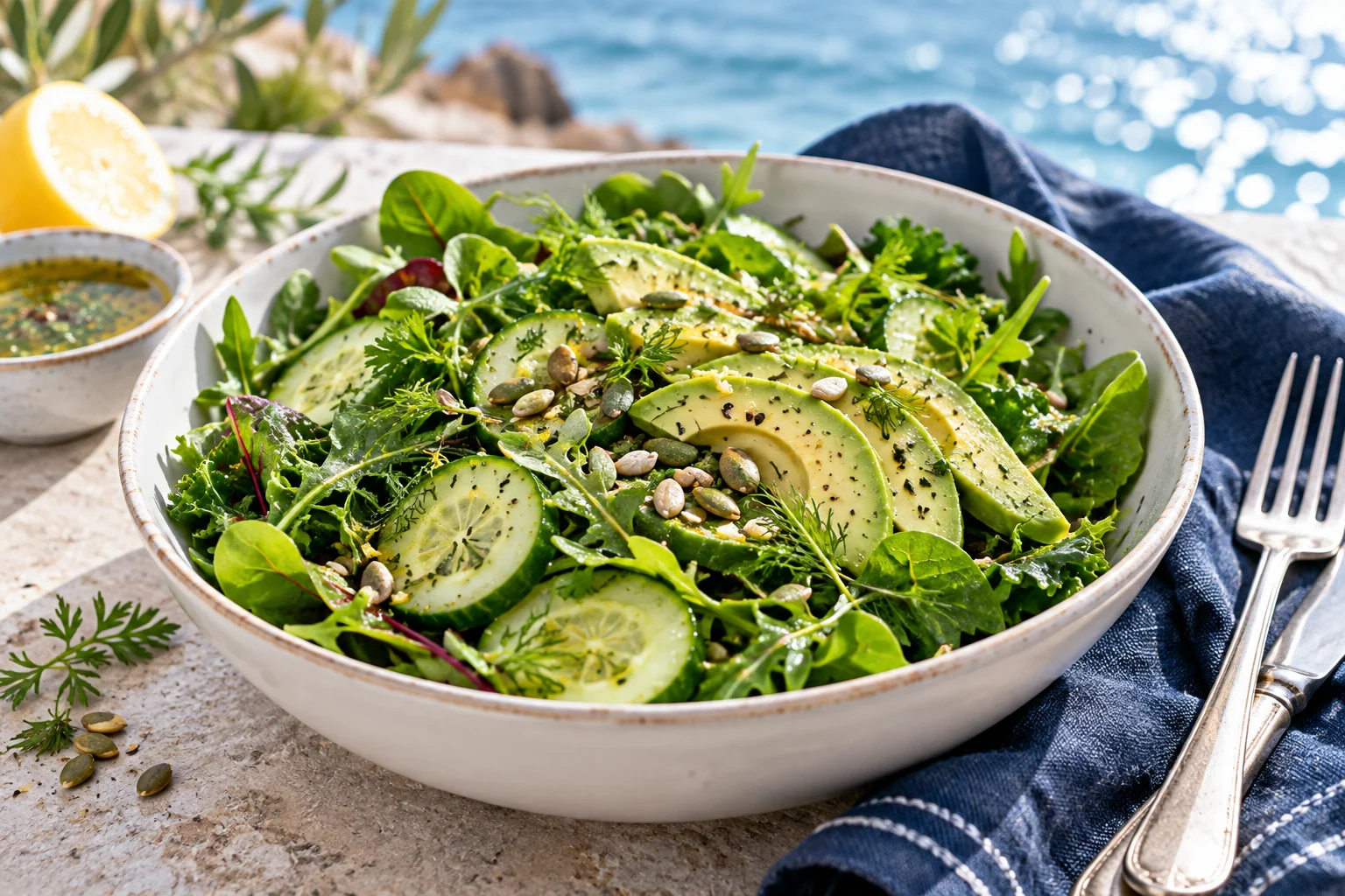 Avocado, cucumber, leafy greens and seeds on a ceramic plate